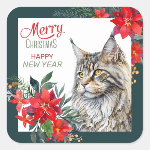 Maine Coon Cat Poinsettia Border Christmas Square Sticker