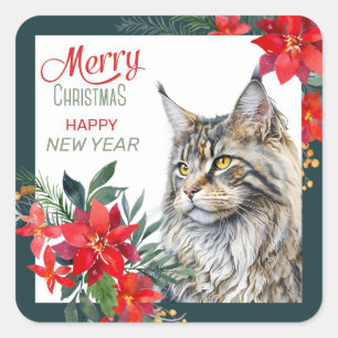 Maine Coon Cat Poinsettia Border Christmas Square Sticker