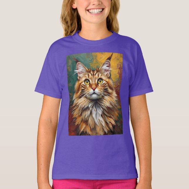 Maine Coon Cat Portrait Vibrant Oil Painting T-Shirt (Front)