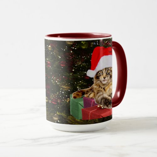 Maine Coon Cat Santa  Gifts Christmas Tree Behind Mug