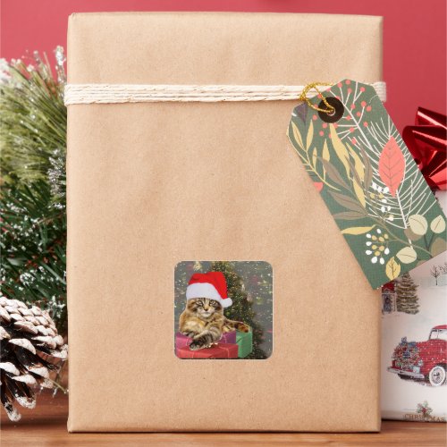 Maine Coon Cat Santa  Gifts Christmas Tree Behind Square Sticker