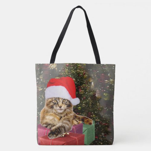 Maine Coon Cat Santa  Gifts Christmas Tree Behind Tote Bag