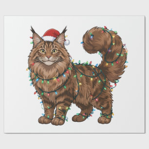 Maine Coon Cat Santa Hat Christmas Lights Holiday Wrapping Paper