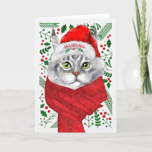 Maine Coon Cat Santa Hat Meowy Christmas Holiday Card