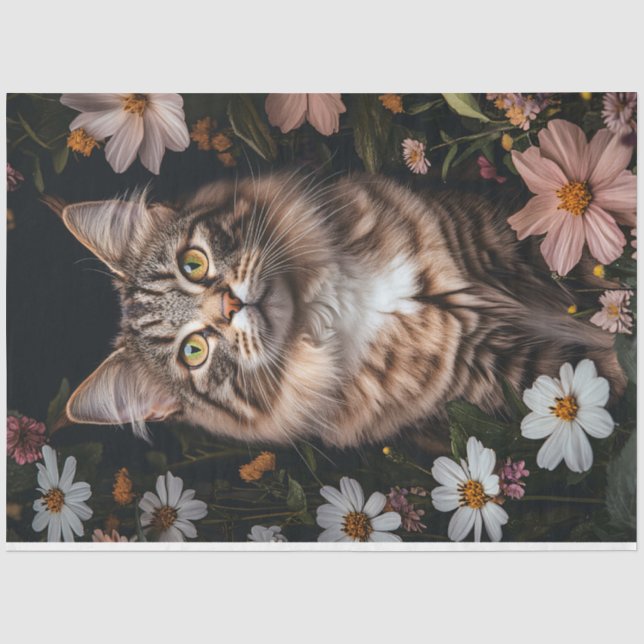 Maine Coon Cat Surrounded by Flowers Decoupage Tissue Paper (Front)