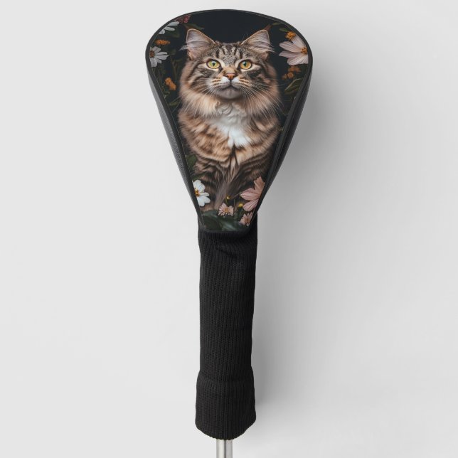 Maine Coon Cat Surrounded by Flowers Golf Head Cover (Front)