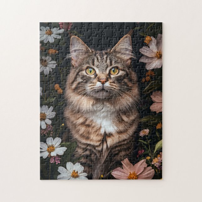 Maine Coon Cat Surrounded by Flowers Jigsaw Puzzle (Vertical)