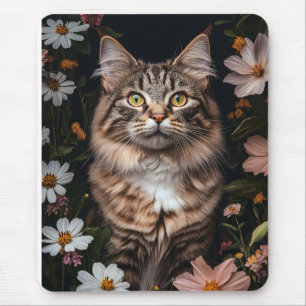 Maine Coon Cat Surrounded by Flowers Mouse Pad