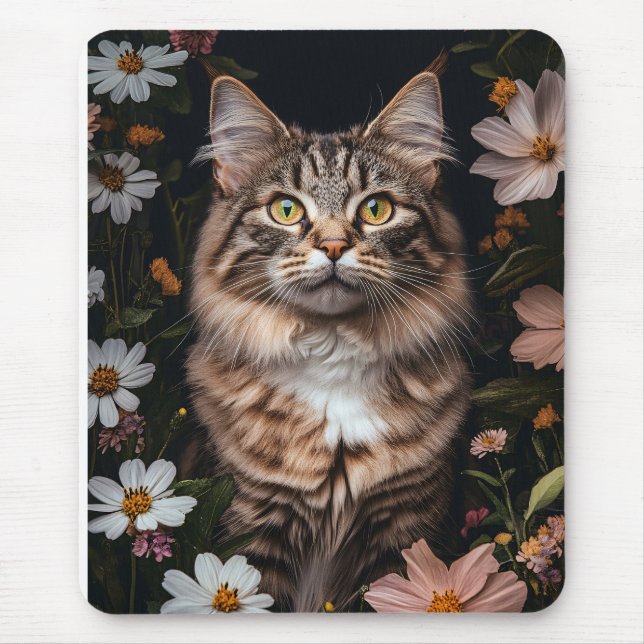 Maine Coon Cat Surrounded by Flowers Mouse Pad (Front)