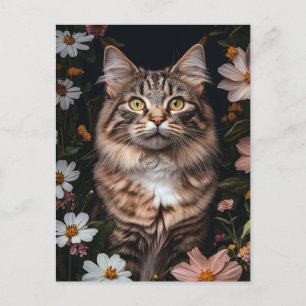 Maine Coon Cat Surrounded by Flowers Postcard