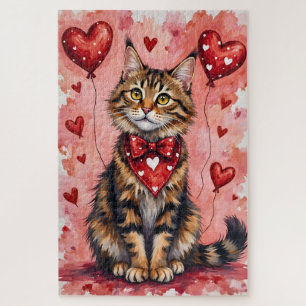 Maine Coon Cat Valentine Sitting with Hearts Red Jigsaw Puzzle