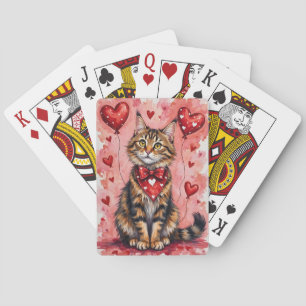 Maine Coon Cat Valentine Sitting with Hearts Red Poker Cards