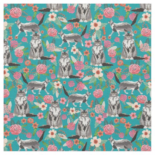 maine coon cat vintage florals turquoise fabric