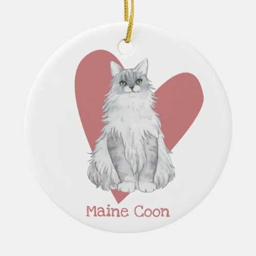 Maine Coon Cat Watercolor Kitty Pink Heart Ceramic Ornament