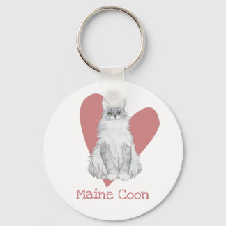 Maine Coon Cat Watercolor Kitty Pink Heart Keychain