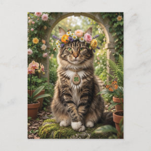 Maine Coon Cat Wearing Flower Crown in a Garden Holiday Postcard