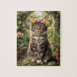 Maine Coon Cat Wearing Flower Crown in a Garden Jigsaw Puzzle