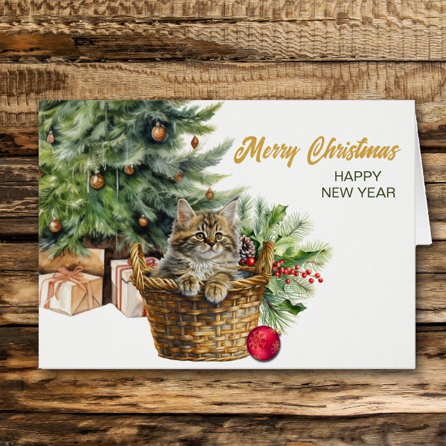 Maine Coon Cat Wicker Basket Christmas Tree Cards (Creator Uploaded)