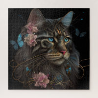 Maine Coon cat  with butterfly and flowers AI art Jigsaw Puzzle