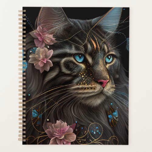 Maine Coon cat  with butterfly and flowers AI art Planner