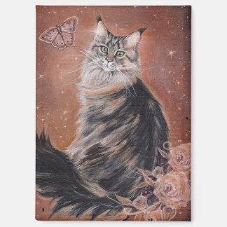 Maine coon cat with flowers art by Renee Magnet