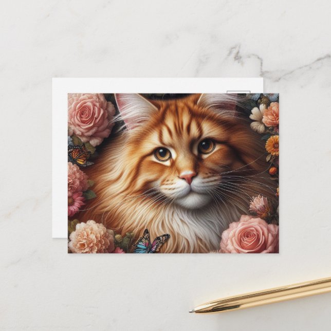 Maine Coon Cat with Pink Flowers  Postcard (Front/Back In Situ)