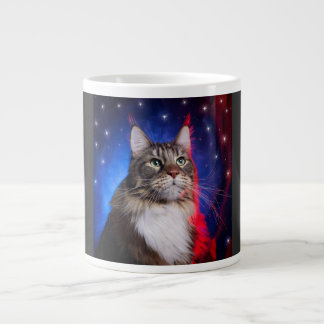 Maine Coon Cat With Red White Blue Aura And Stars Giant Coffee Mug