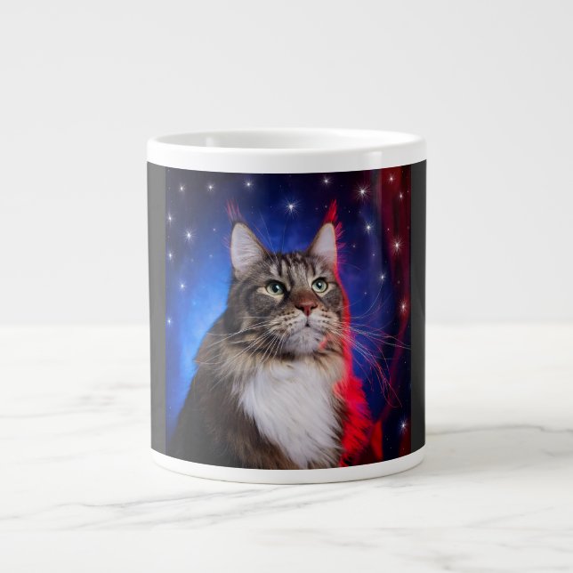 Maine Coon Cat With Red White Blue Aura And Stars Giant Coffee Mug (Front)