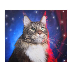 Maine Coon Cat With Red White Blue Aura And Stars Metal Print