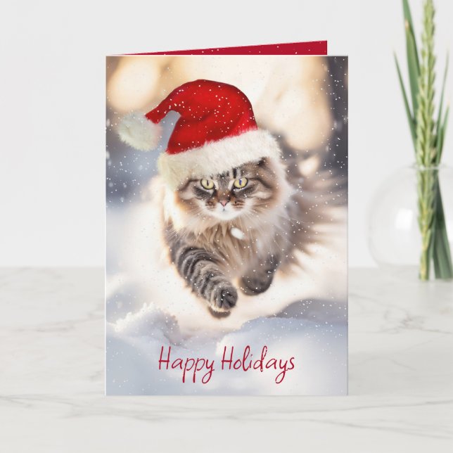 Maine Coon Cat With Santa Hat Holiday Card (Front)