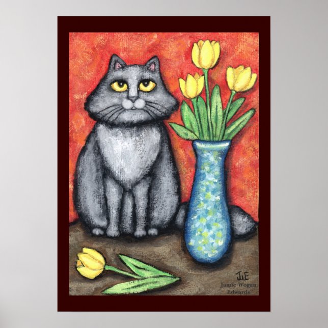 Maine Coon Cat With Tulips Art Print (Front)