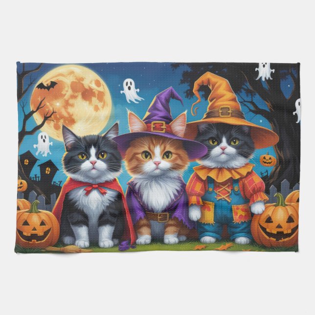 Maine Coon Cats Pumpkin Halloween Funny Kitchen Towel (Horizontal)
