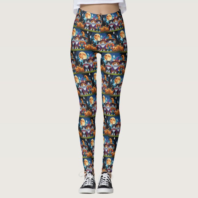 Maine Coon Cats Pumpkin Halloween Funny Leggings (Front)