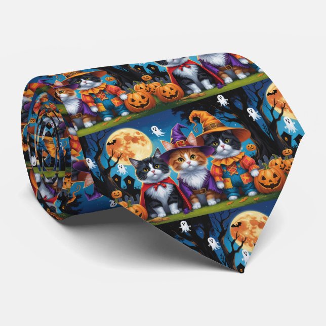 Maine Coon Cats Pumpkin Halloween Funny Neck Tie (Rolled)