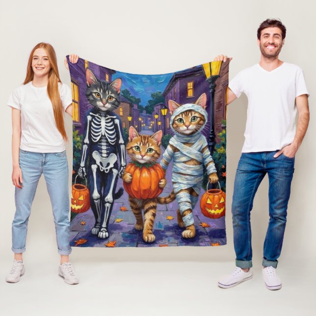 Maine Coon Cats Trick-or-Treating in Halloween  Fleece Blanket (In Situ)