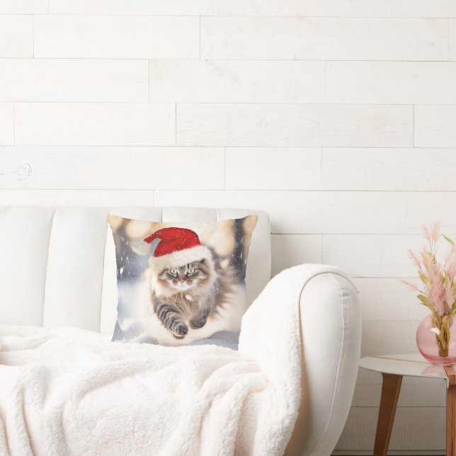 Maine Coon Christmas Cat In Snow Throw Pillow (Couch)