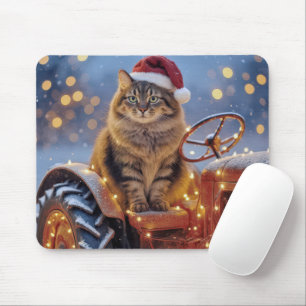 Maine Coon Christmas Cat On an Old Tractor Mouse Pad