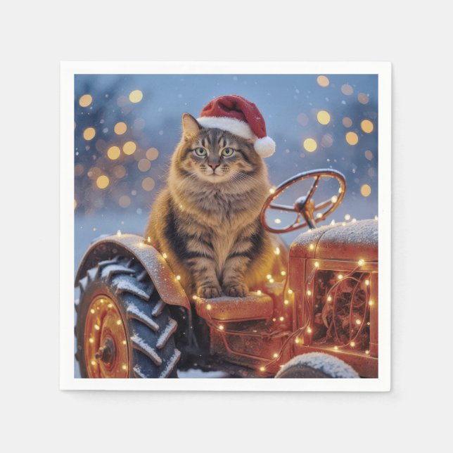 Maine Coon Christmas Cat On an Old Tractor Napkins (Front)