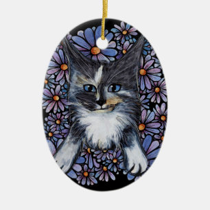 Maine Coon Dilute Calico Cat Purple Daisy          Ceramic Ornament