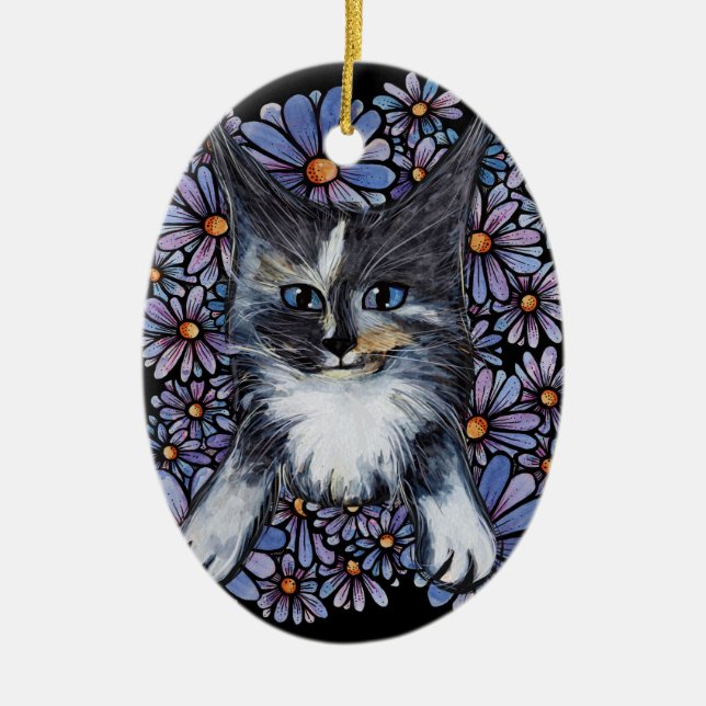 Maine Coon Dilute Calico Cat Purple Daisy          Ceramic Ornament (Front)