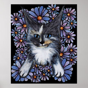 Maine Coon Dilute Calico Cat Purple Daisy Poster