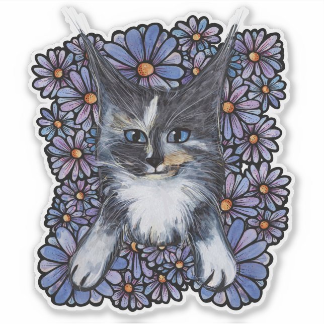 Maine Coon Dilute Calico Cat Purple Daisy          Sticker (Front)