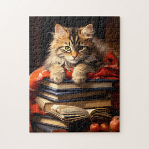 Maine Coon Kitten Relaxing on Books Jigsaw Puzzle