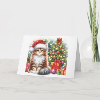 Maine Coon Kitten Sitting By Christmas Tree