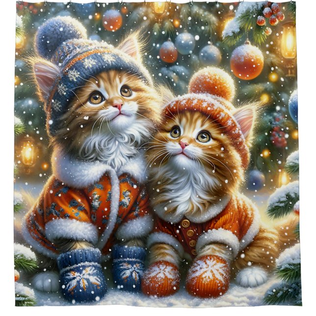 “Maine Coon Kittens’ First Christmas Snowfall" Shower Curtain (Front)