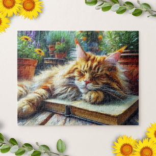 Maine Coon Orange Cat Sleeping in a Garden Jigsaw Puzzle