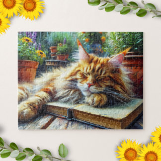 Maine Coon Orange Cat Sleeping in a Garden Jigsaw Puzzle