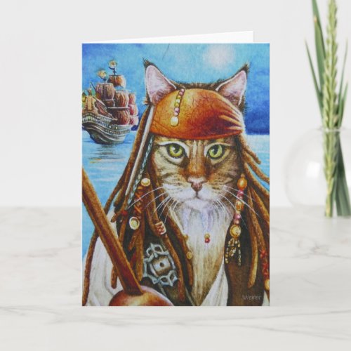 Maine Coon Pirate Cat Jack and Ship Watercolor Art Card