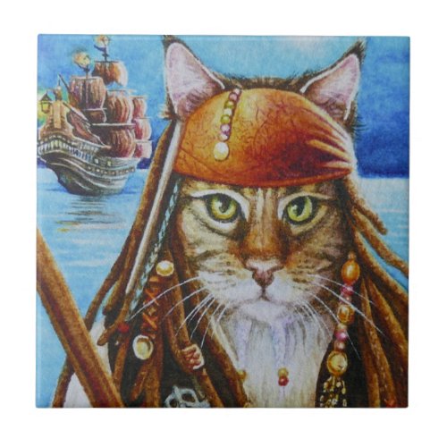 Maine Coon Pirate Cat Jack and Ship Watercolor Art Ceramic Tile