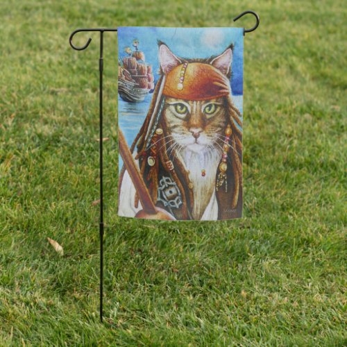 Maine Coon Pirate Cat Jack and Ship Watercolor Art Garden Flag